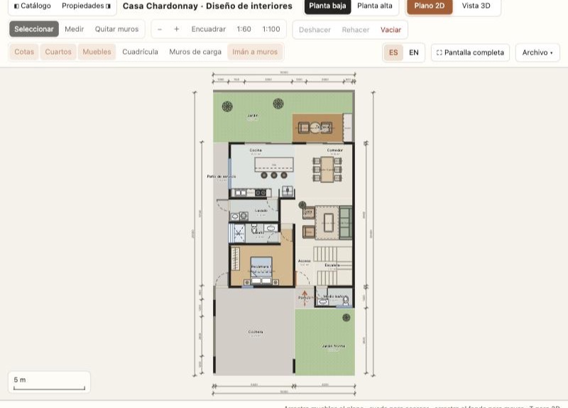Plano 2D de una casa de dos plantas con cuartos, áreas en metros cuadrados y muebles
